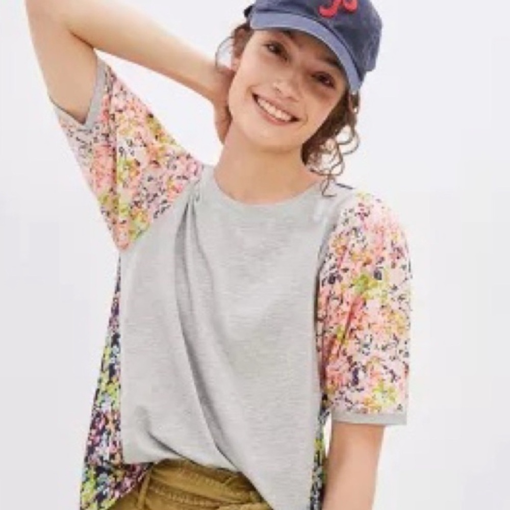 Anthropologie Gray Suzanne Tee with Floral Sleeves